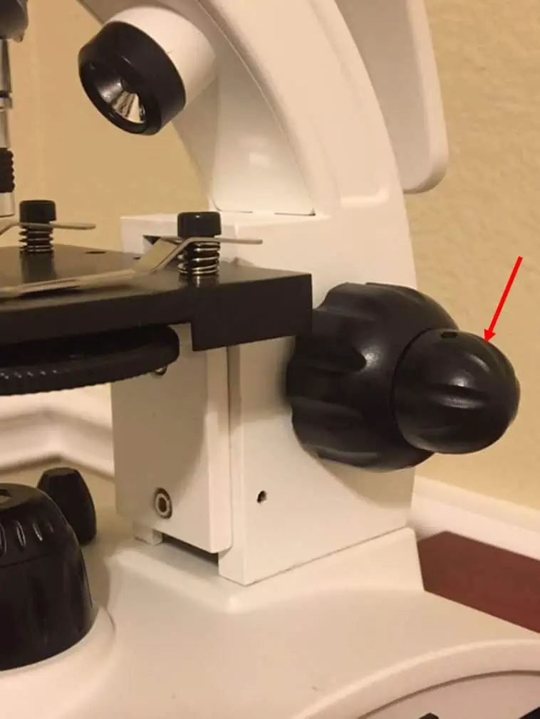 Microscope fine adjustment knob location